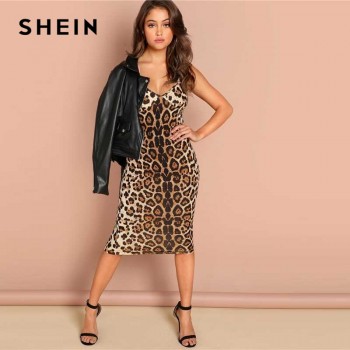Backless Leopard Print Cami Sleeveless Pencil Skinny Club Dress